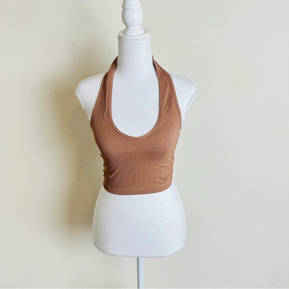 Fashion Nova Mocha Brown Ribbed Halter V-Neck Crop Tank Top - Picture 1 of 3